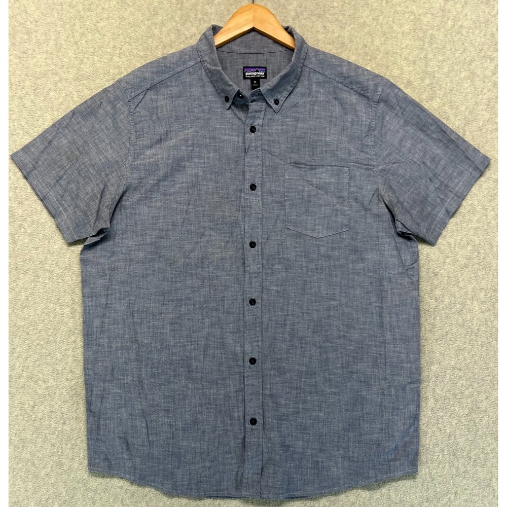 Patagonia Mens Button Down Shirt Gray Short Sleeve Organic Cotton Pocket XL